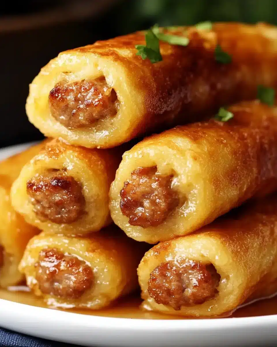 Sausage French Toast Roll-Ups Delicious sausage French toast roll-ups recipe served warm on a plate.