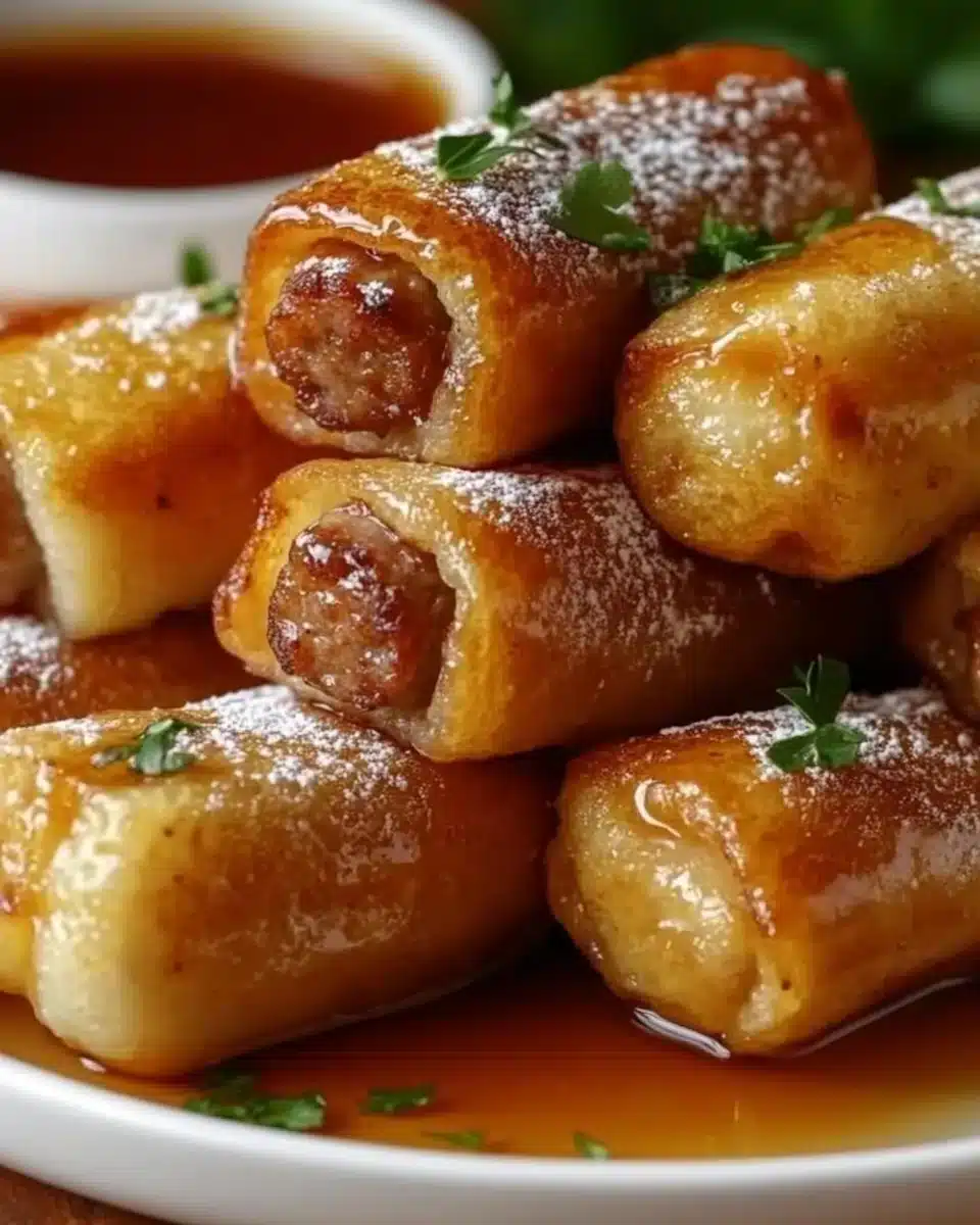 Sausage French Toast Roll-Ups Sausage French Toast Roll-Ups piled on a plate, drizzled with syrup.