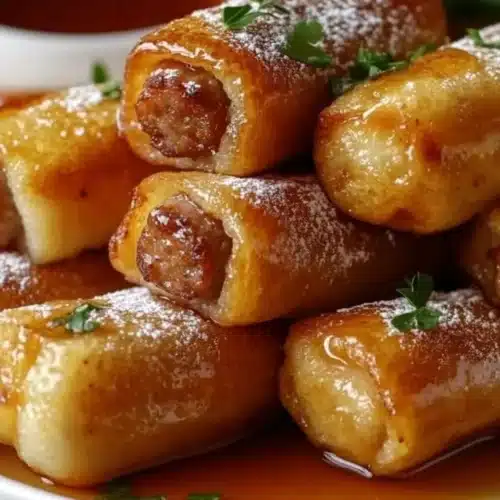 Sausage French Toast Roll-Ups Recipe 1 Sausage French Toast Roll-Ups piled on a plate, drizzled with syrup.
