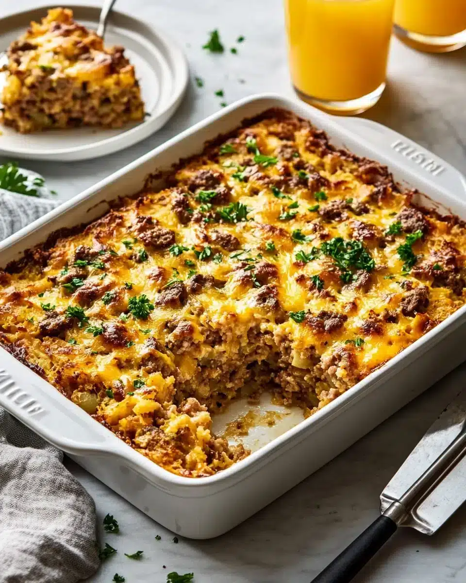 Sausage Hash Brown Breakfast Casserole with melted cheese and fresh parsley.
