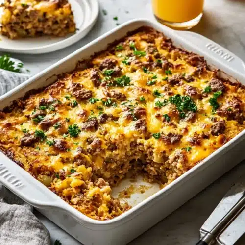 Sausage Hash Brown Breakfast Casserole with melted cheese and fresh parsley.