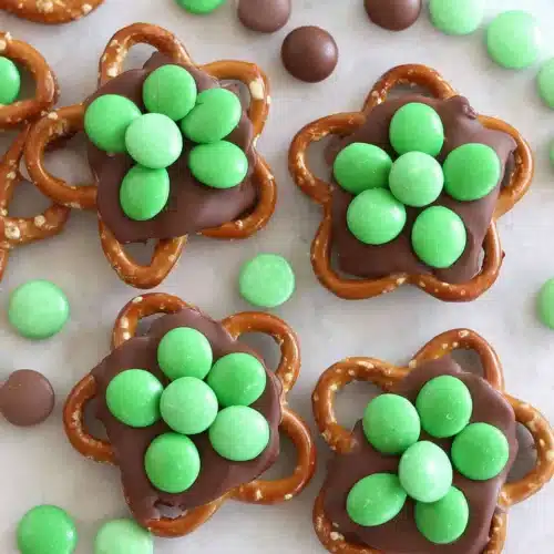 Shamrock pretzels are a fun treat for St. Patrick's Day.