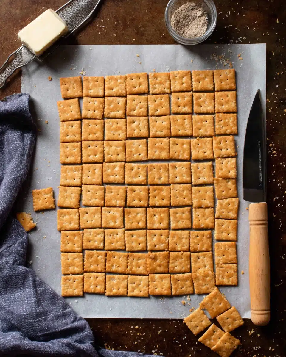 Crispy sourdough crackers ready to bake with baking tools.