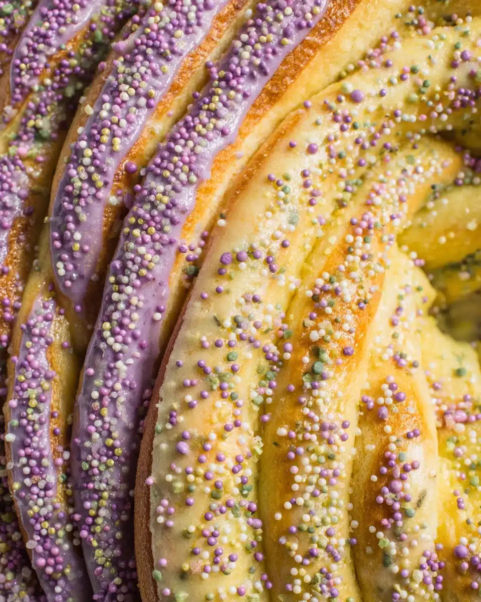 Delicious sourdough king cake topped with icing and colorful sprinkles.
