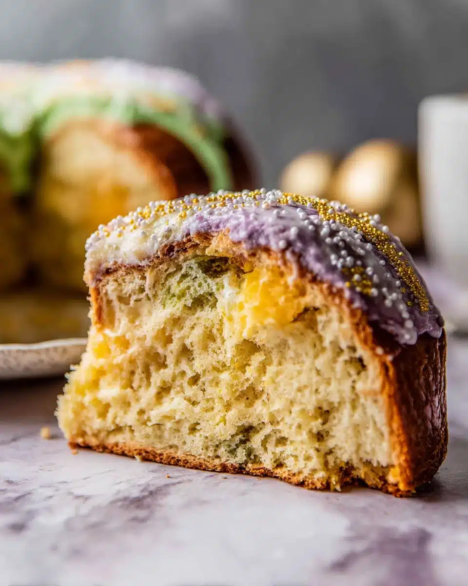 Delicious sourdough king cake with colorful icing.
