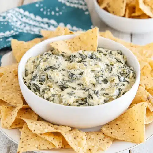 Delicious spinach artichoke dip served with tortilla chips.
