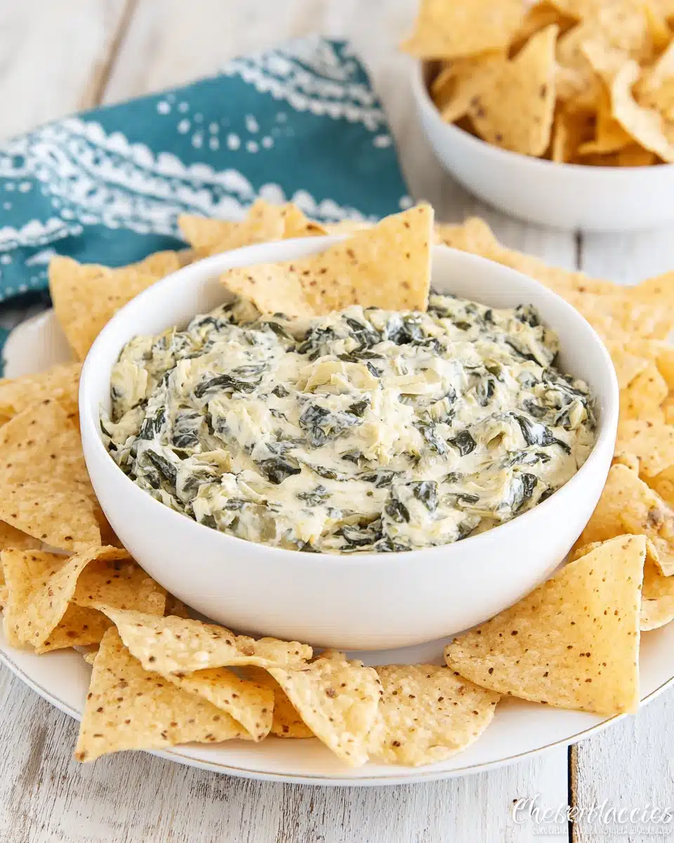 Delicious spinach artichoke dip served with tortilla chips.