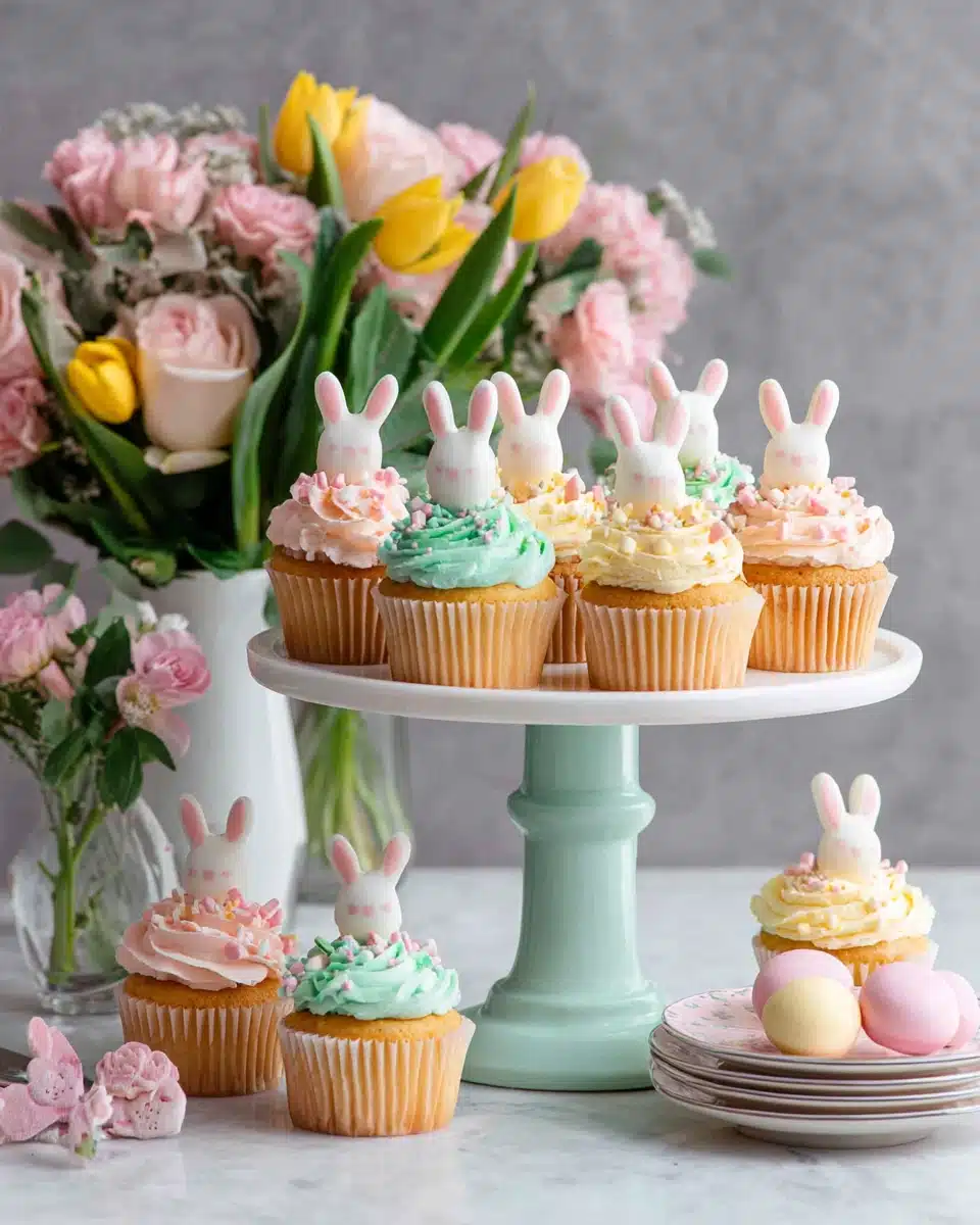Delicious spring cupcakes with bunny decorations for Easter celebrations.