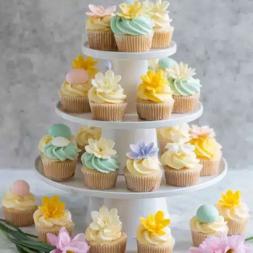 Delicious spring cupcakes with colorful toppings.
