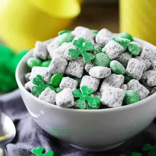 St. Patrick's Puppy Chow snack perfect for celebrations.