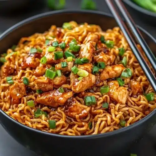 Delicious Sticky Garlic Chicken Noodles with chicken and spring onions.