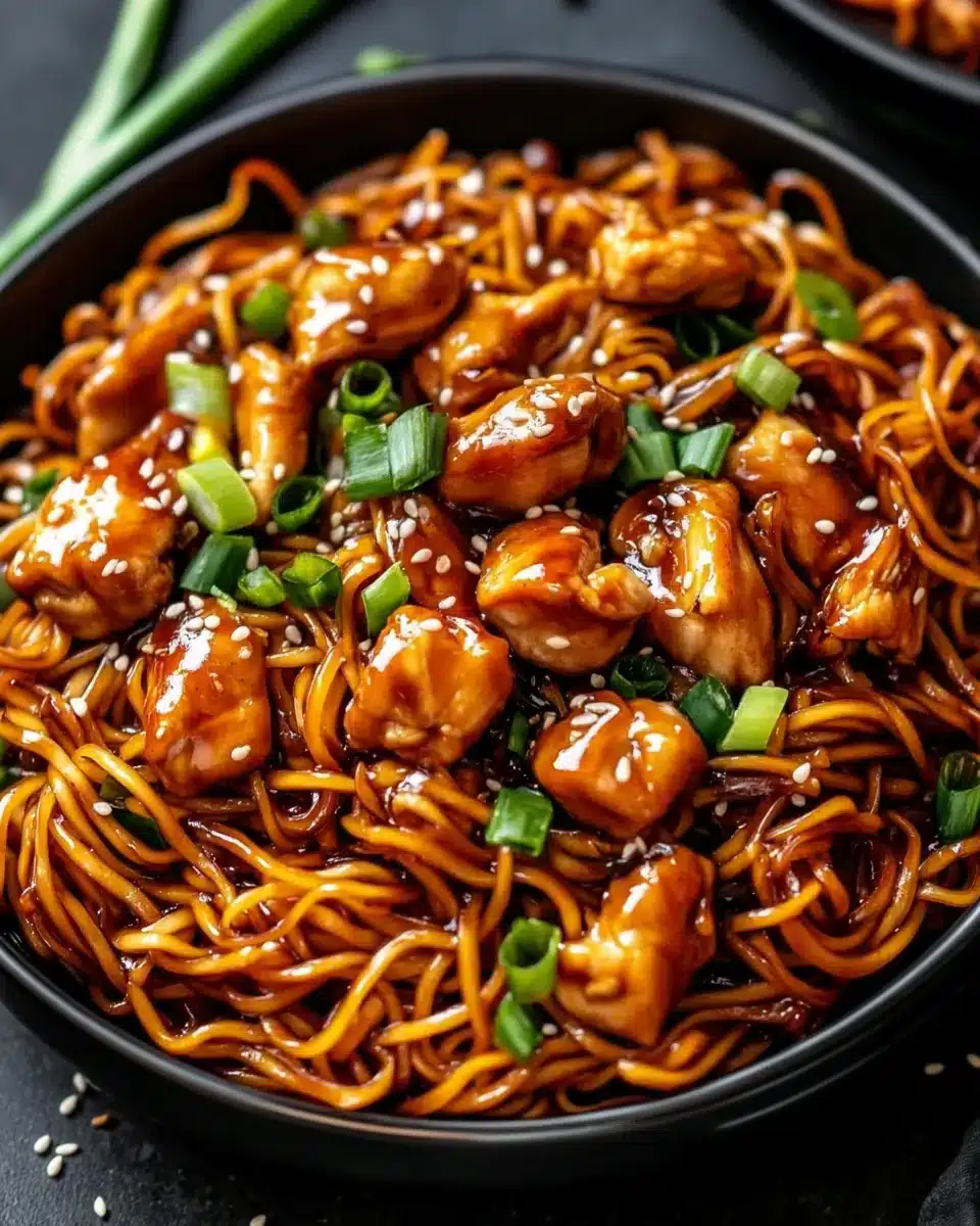 Sticky Garlic Chicken Noodles Recipe served in a bowl with details.
