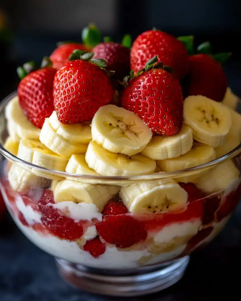 Delicious Strawberry Banana Pudding Dream layered in a bowl.