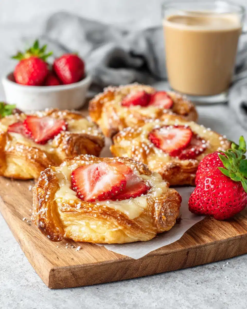 Delicious strawberry Danish pastry with fresh strawberries.
