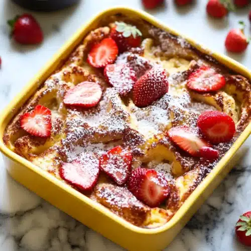 Delicious strawberry French toast topped with fresh strawberries.