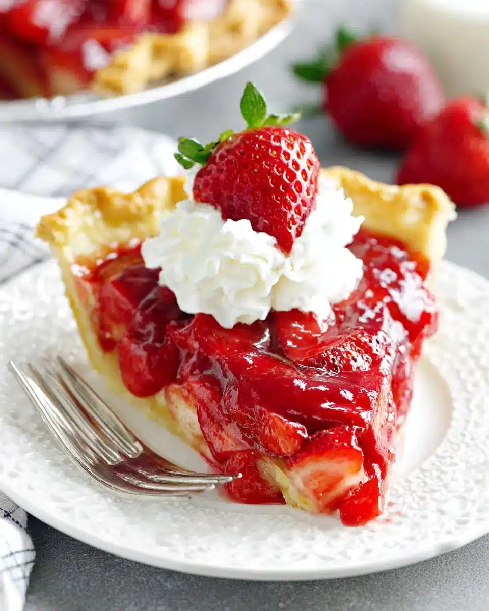 Delicious strawberry pie with whipped cream topping.