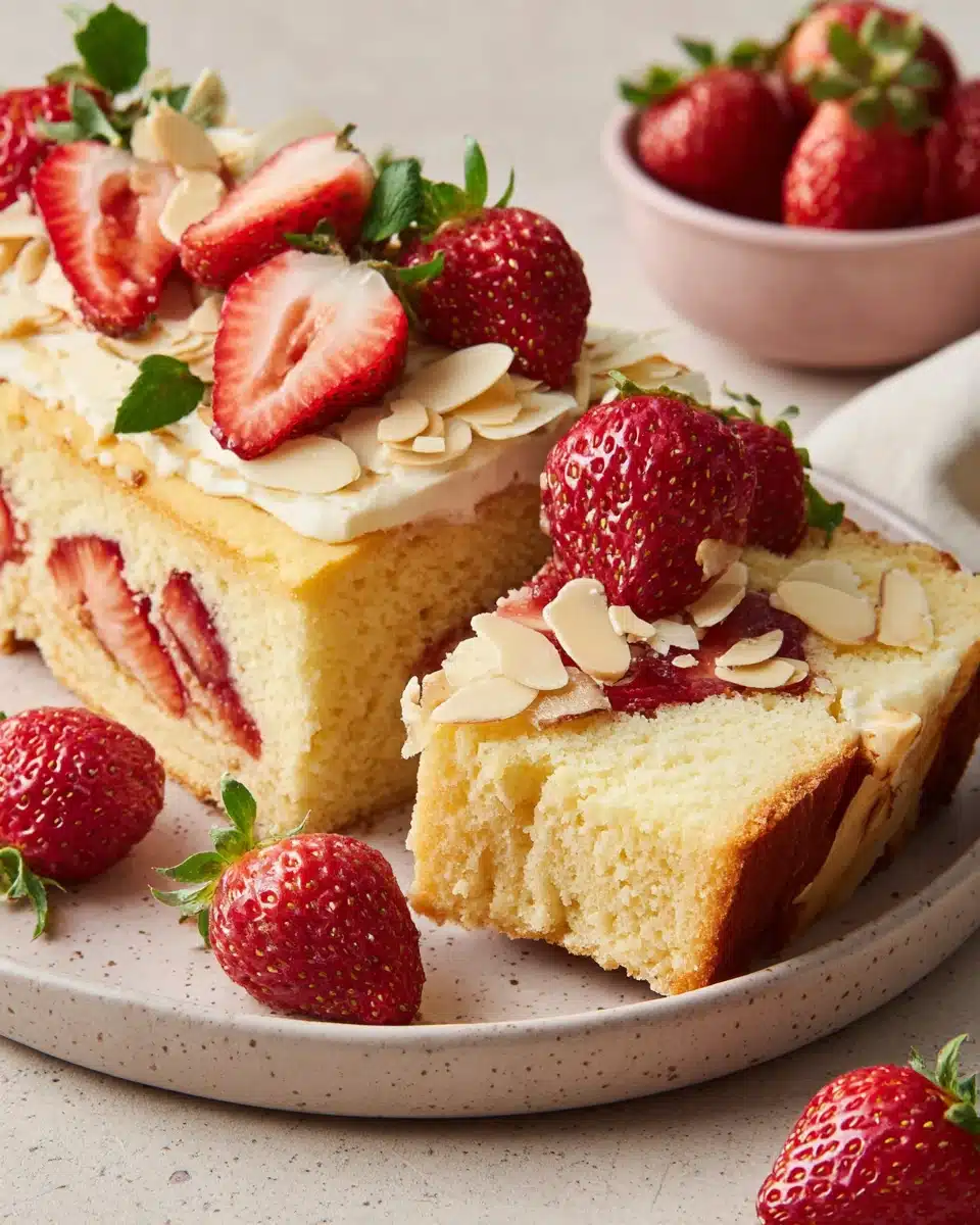 Delicious strawberry pound cake with rich white chocolate buttercream.