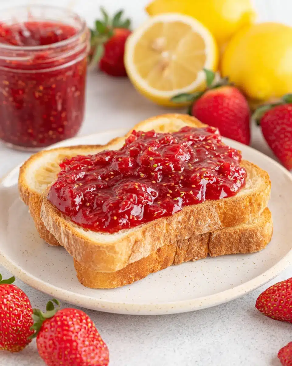 Delicious strawberry preserves spread on toast.