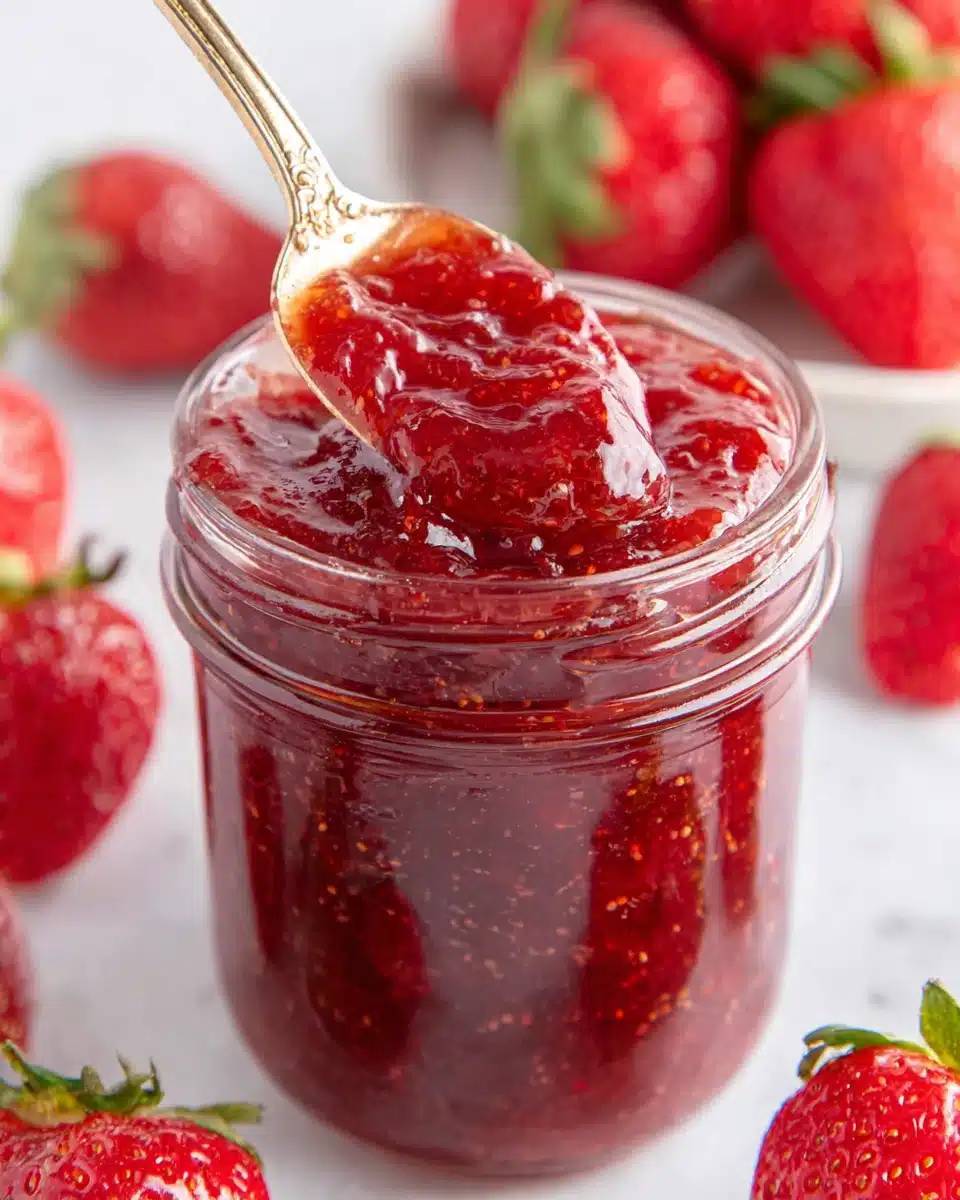 Chunky strawberry preserves perfect for toast or desserts.