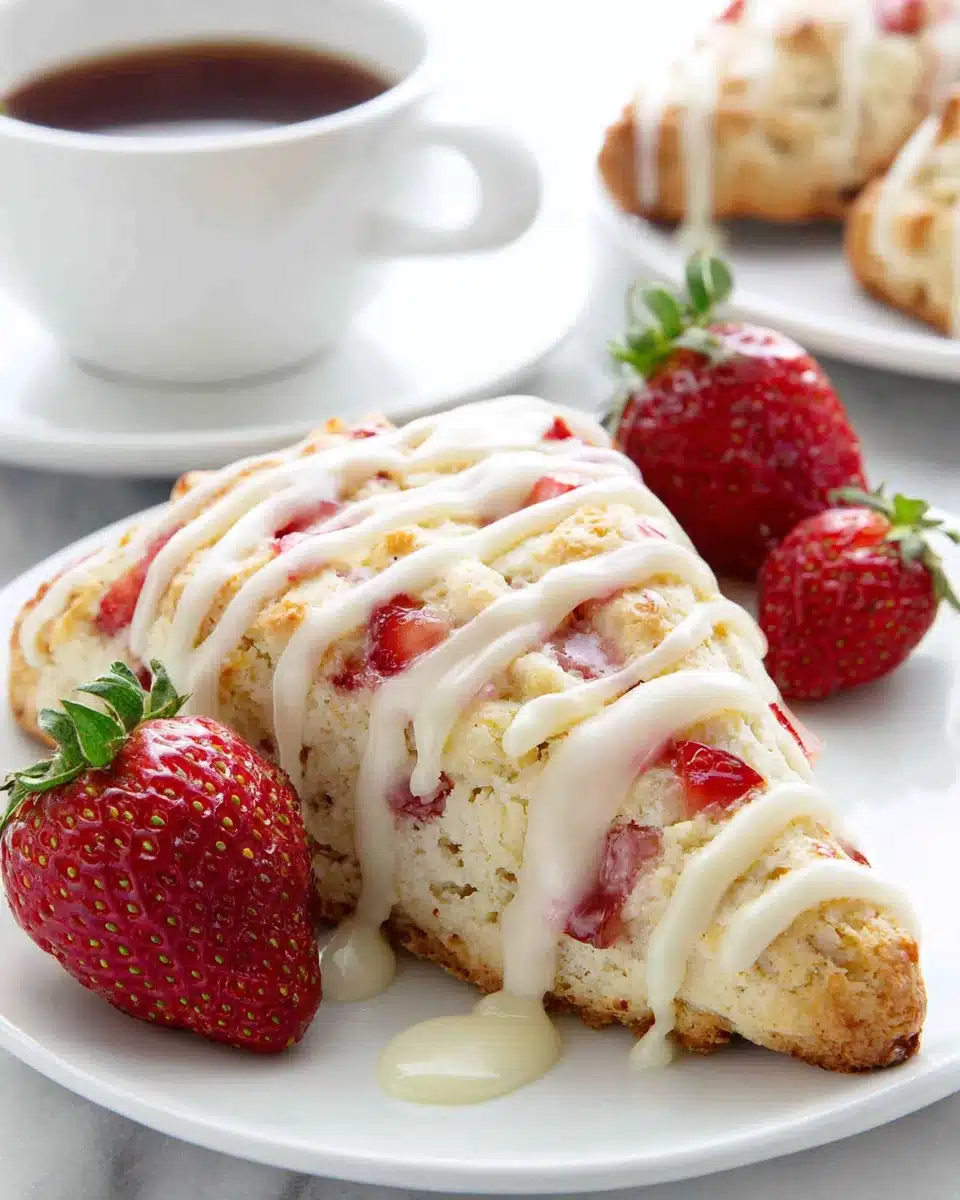 Strawberry scone with icing and fresh strawberries.