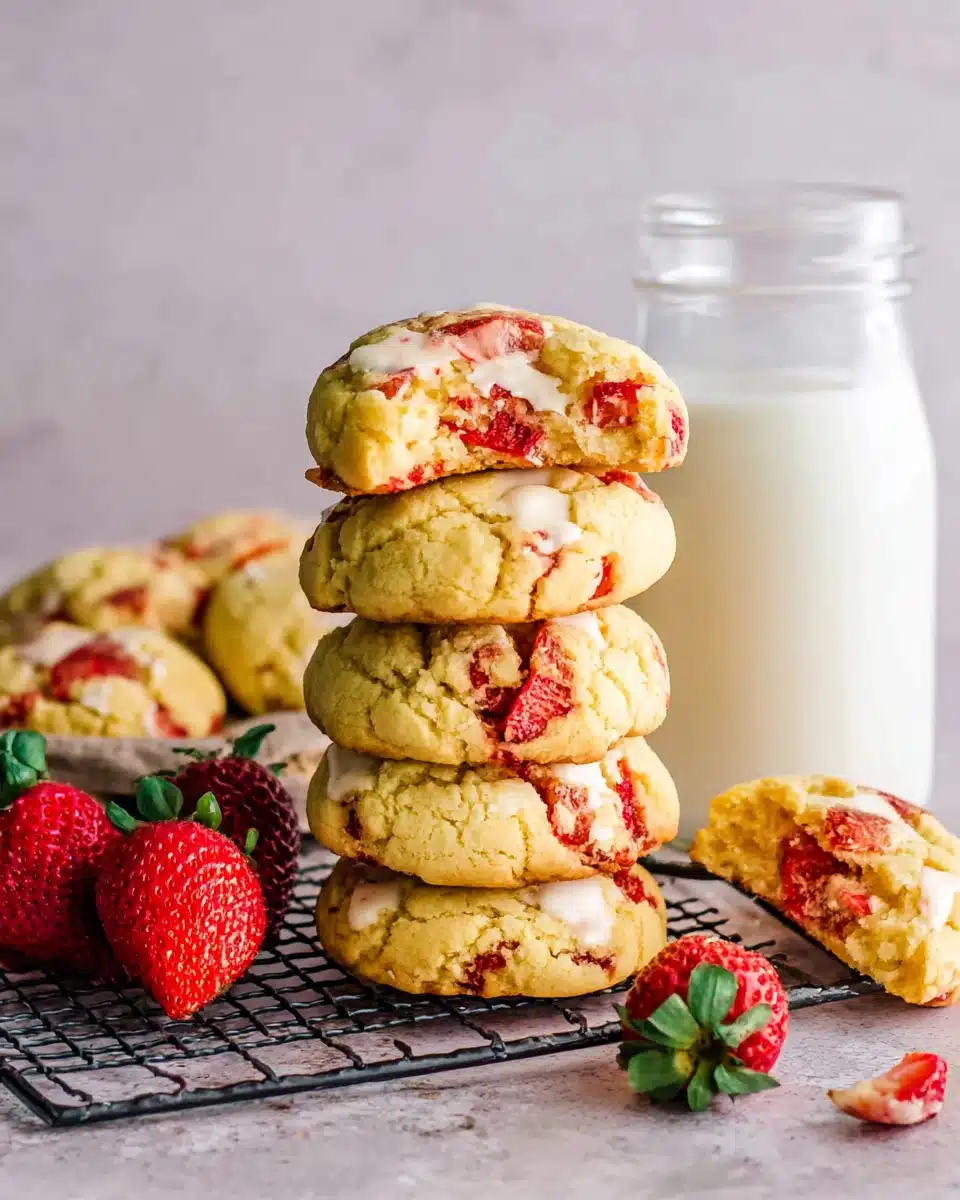 Irresistible Strawberry Shortcake Cookies Delicious strawberry shortcake cookies stacked with fresh strawberries.