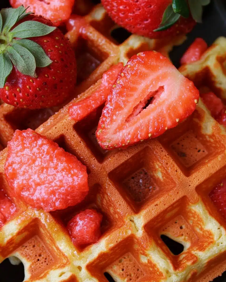 Delicious strawberry waffles topped with fresh strawberries.