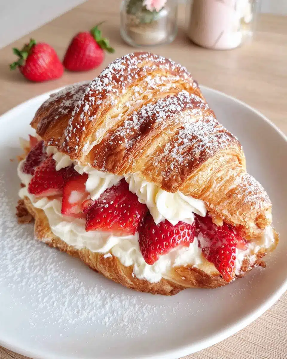 Stuffed croissants with strawberries and cream for breakfast.