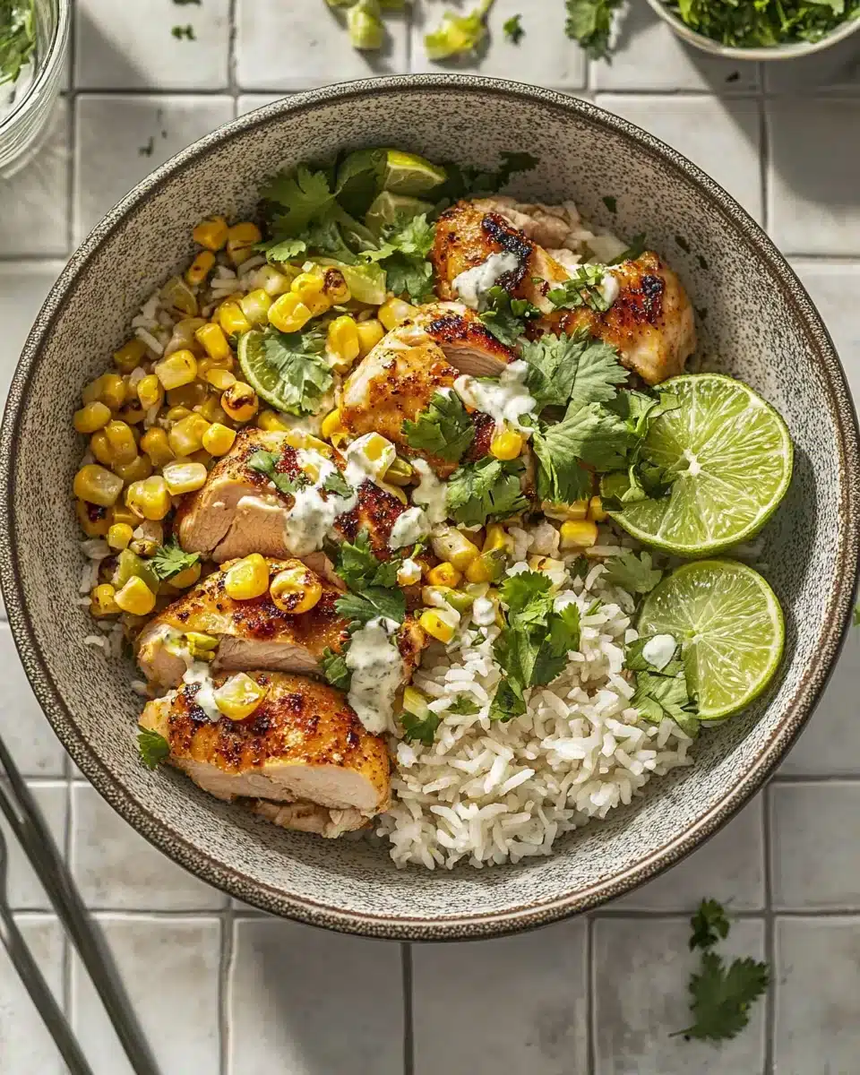 Tasty Street Corn Chicken Bowl Delicious Tasty Street Corn Chicken Bowl with rice, chicken, lime, and cilantro.