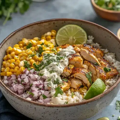 Tasty Street Corn Chicken Bowl 1 Tasty Street Corn Chicken Bowl featuring juicy chicken and vibrant corn.