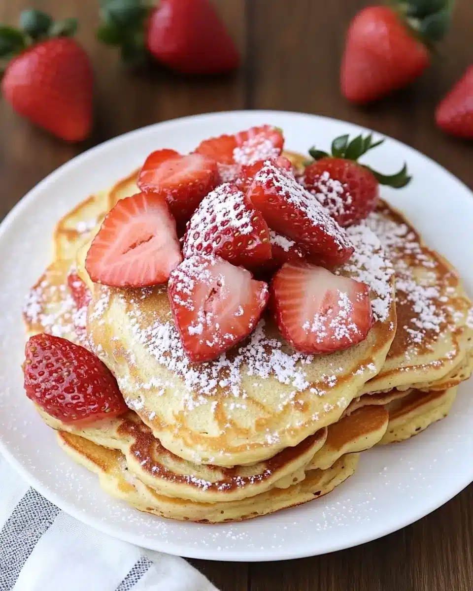 Valentine breakfast featuring strawberry pancakes with fresh strawberries.