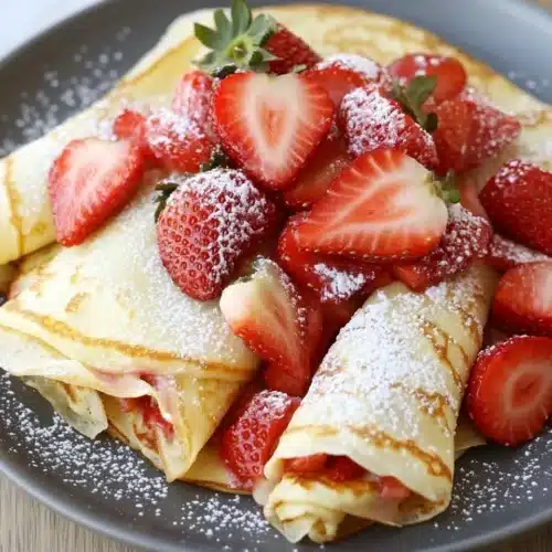 Delicious valentine breakfast featuring strawberry crepes with fresh fruit.