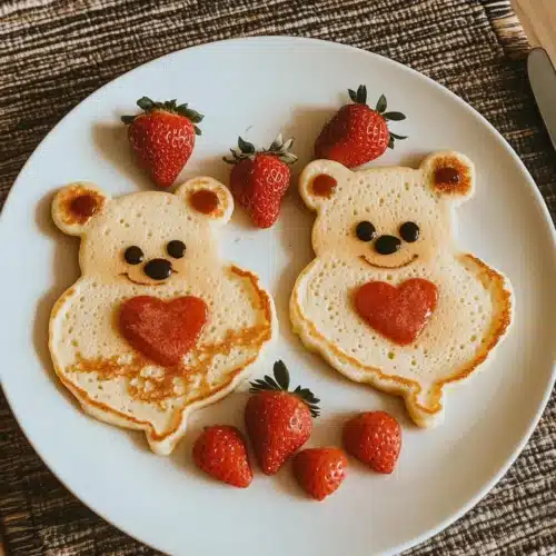 Delightful bear-shaped pancakes for a valentines day breakfast.