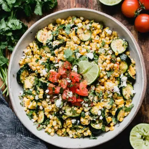 Colorful 4th of July BBQ corn salad with fresh veggies.