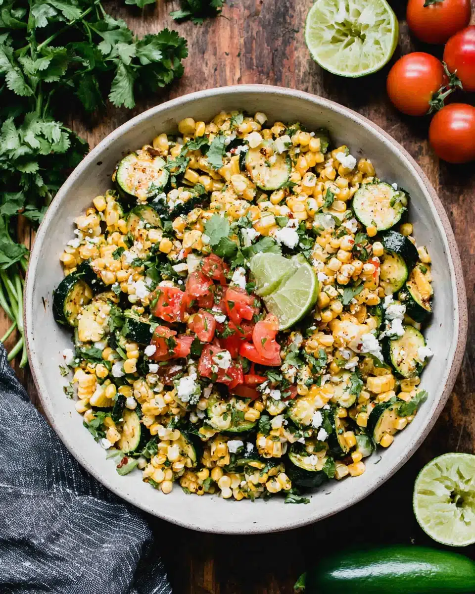 Colorful 4th of July BBQ corn salad with fresh veggies.