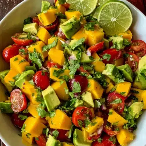 Colorful avocado mango salad with tomatoes and cilantro.