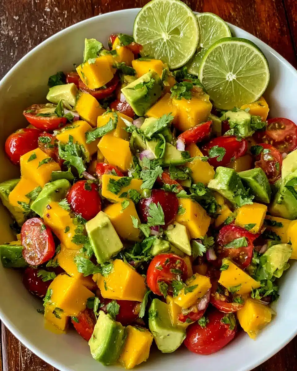 Colorful avocado mango salad with tomatoes and cilantro.