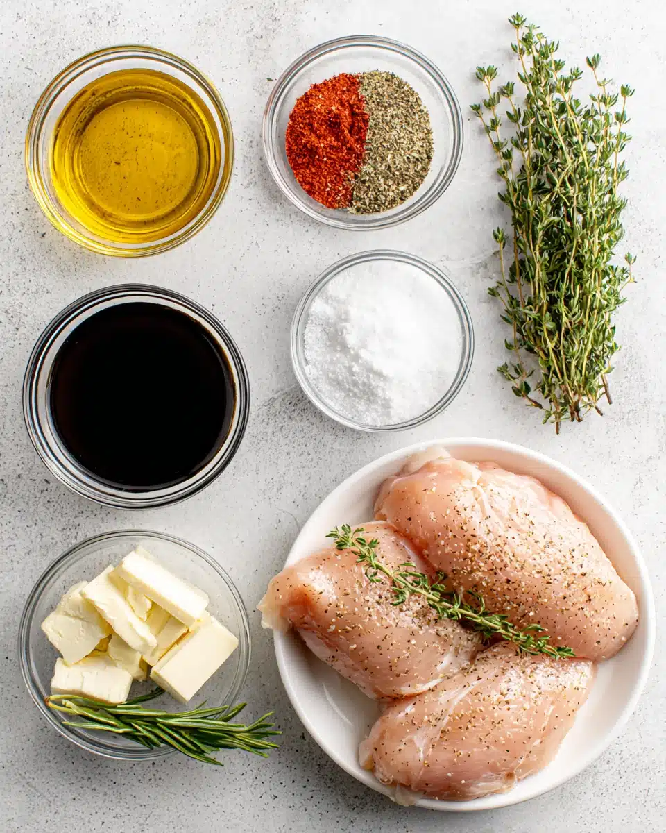 Ingredients for balsamic chicken: chicken, tomatoes, mozzarella.