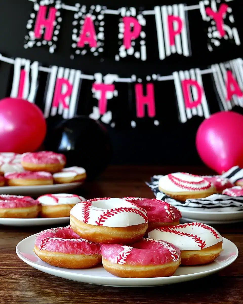 Baseball donuts decorated with red stitching for game day celebrations.