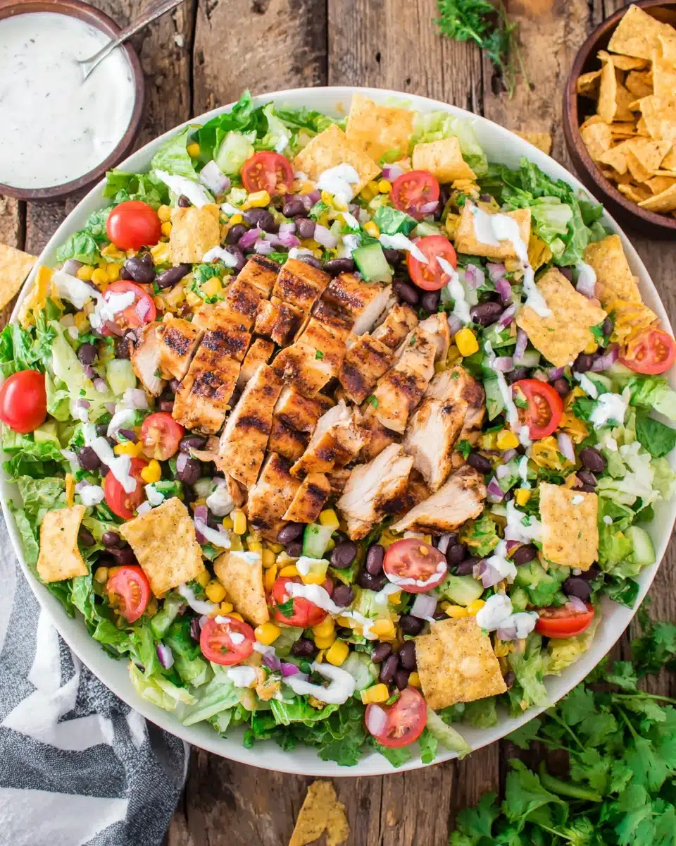 Delicious BBQ Chicken Salad Recipe Colorful BBQ chicken salad with fresh veggies and tortilla chips.