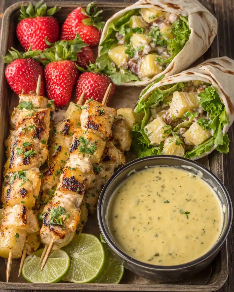 Easy beach food including fruit skewers and wraps for family fun.