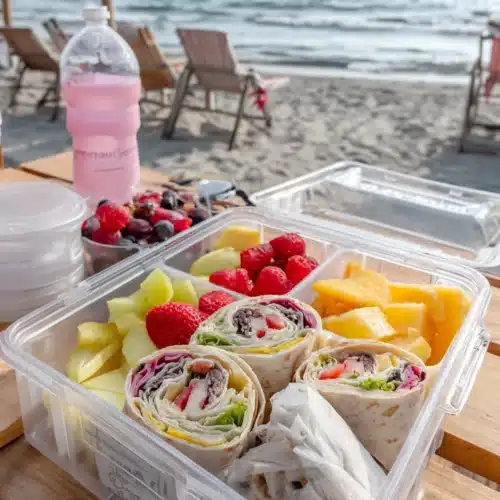 Colorful beach food with fresh fruits and wraps for fun seaside snacks
