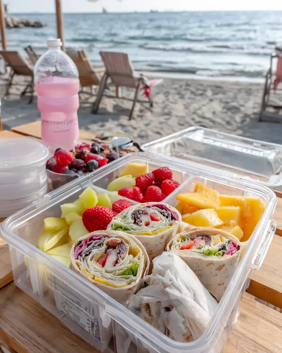 Colorful beach food with fresh fruits and wraps for fun seaside snacks