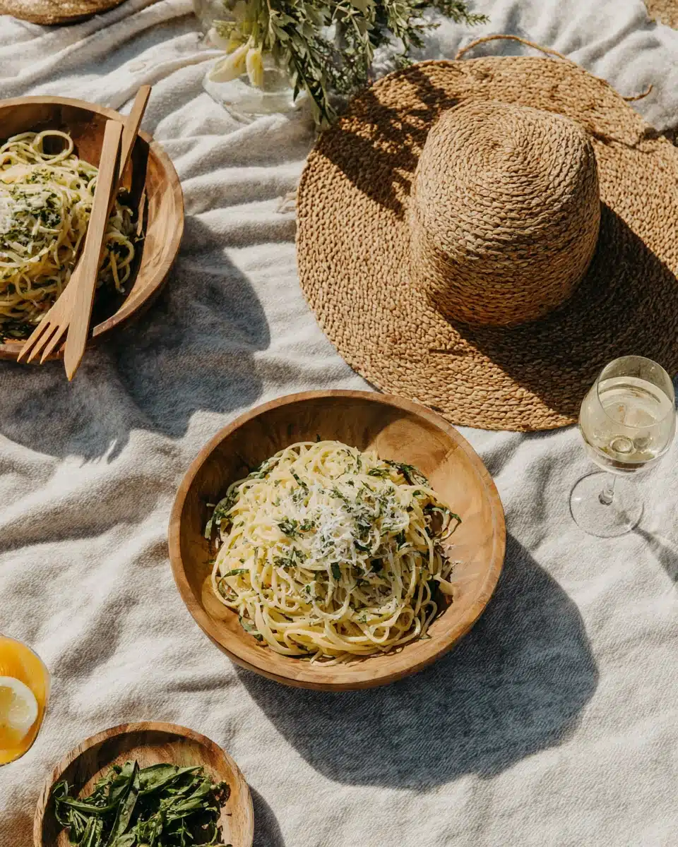 A beach picnic with pasta and fresh herbs.