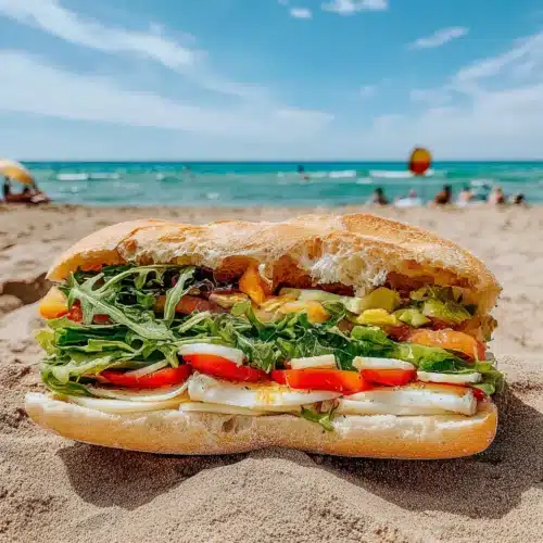 Enjoy a beach sandwich with fresh ingredients by the shore.