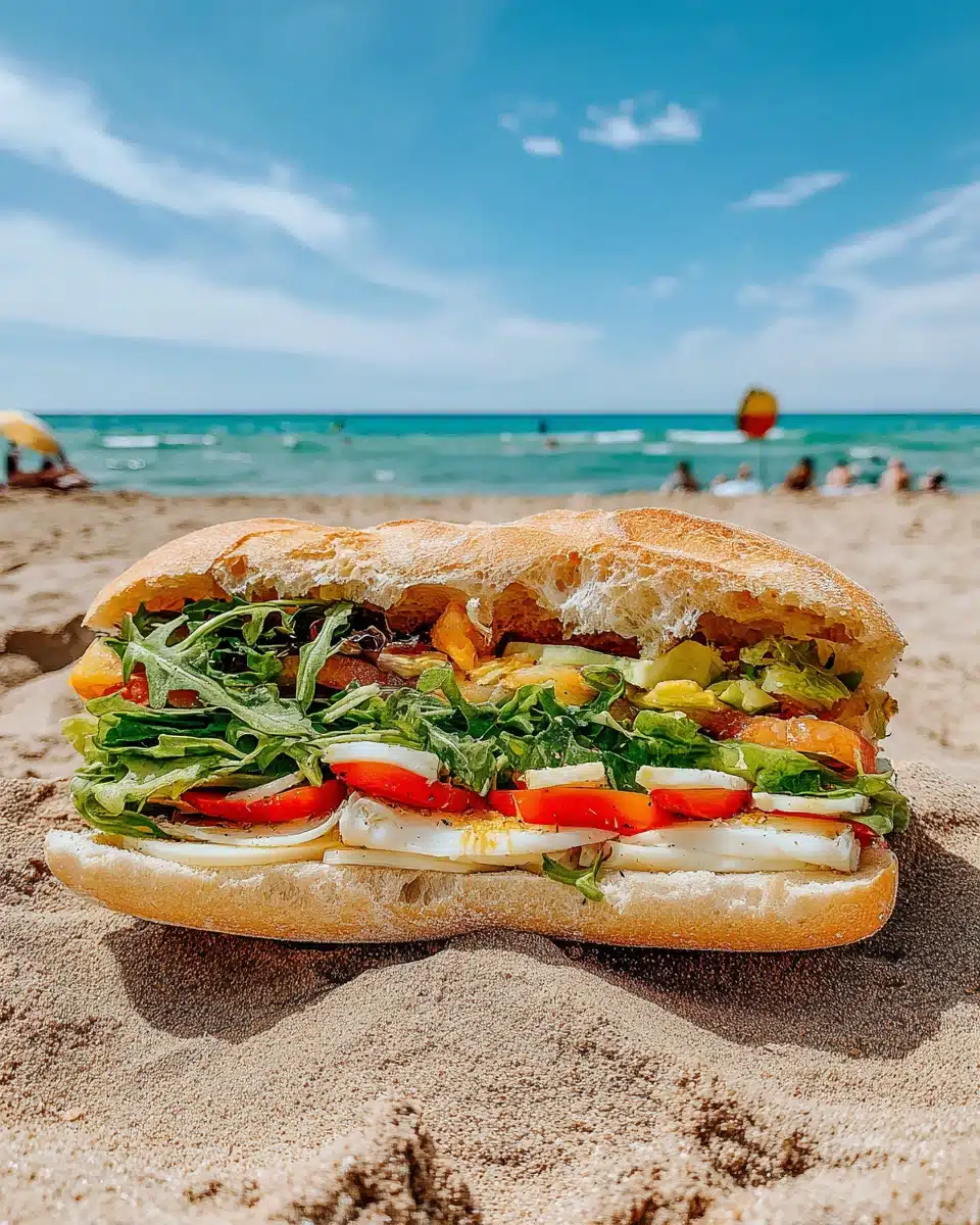 Enjoy a beach sandwich with fresh ingredients by the shore.