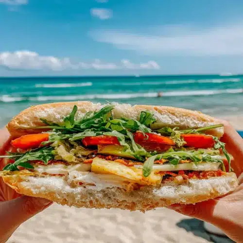 Beach Sandwich: A Refreshing, Easy Delight 1 Delicious beach sandwich ready for a summer outing.