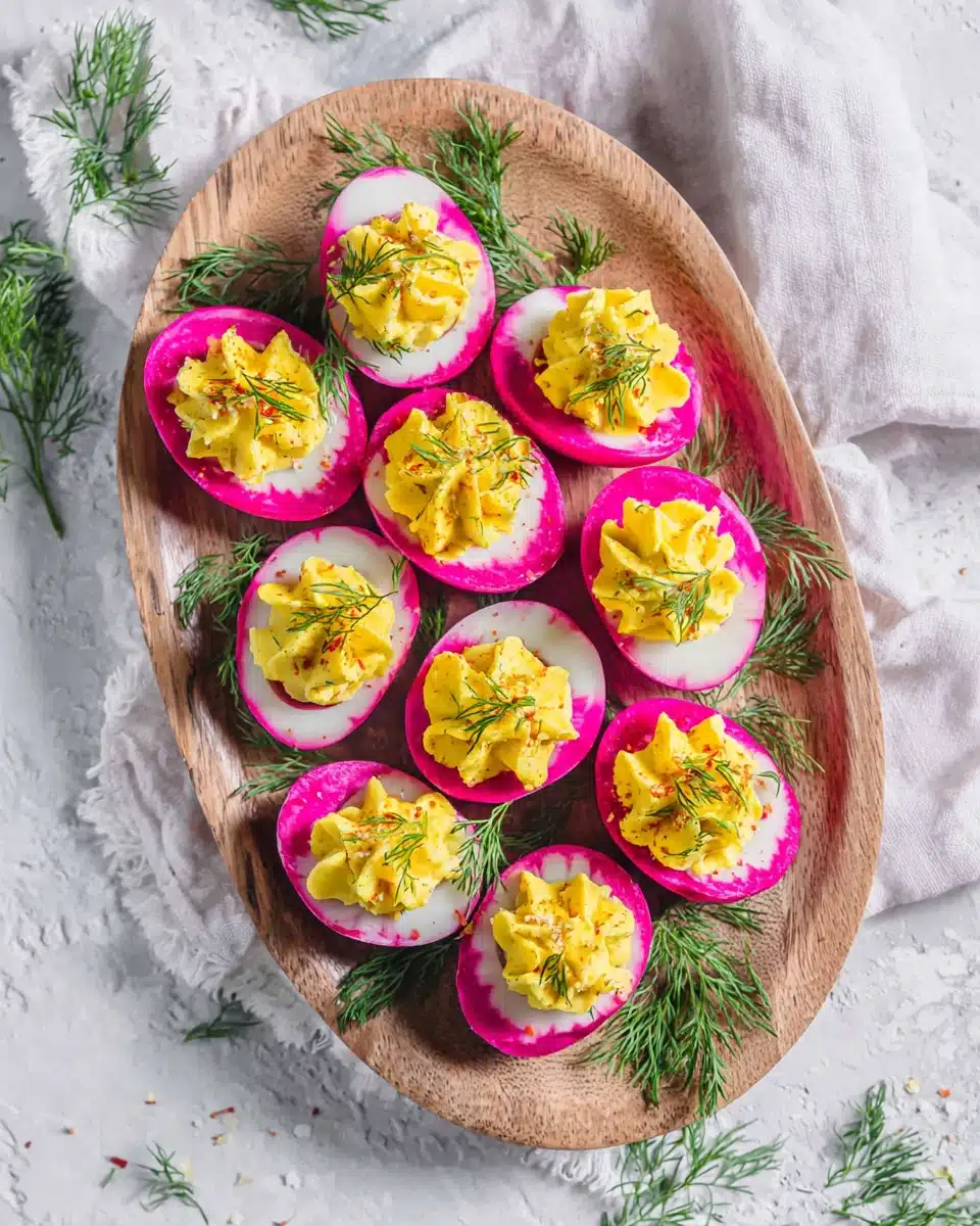 Colorful beet deviled eggs perfect for any occasion.