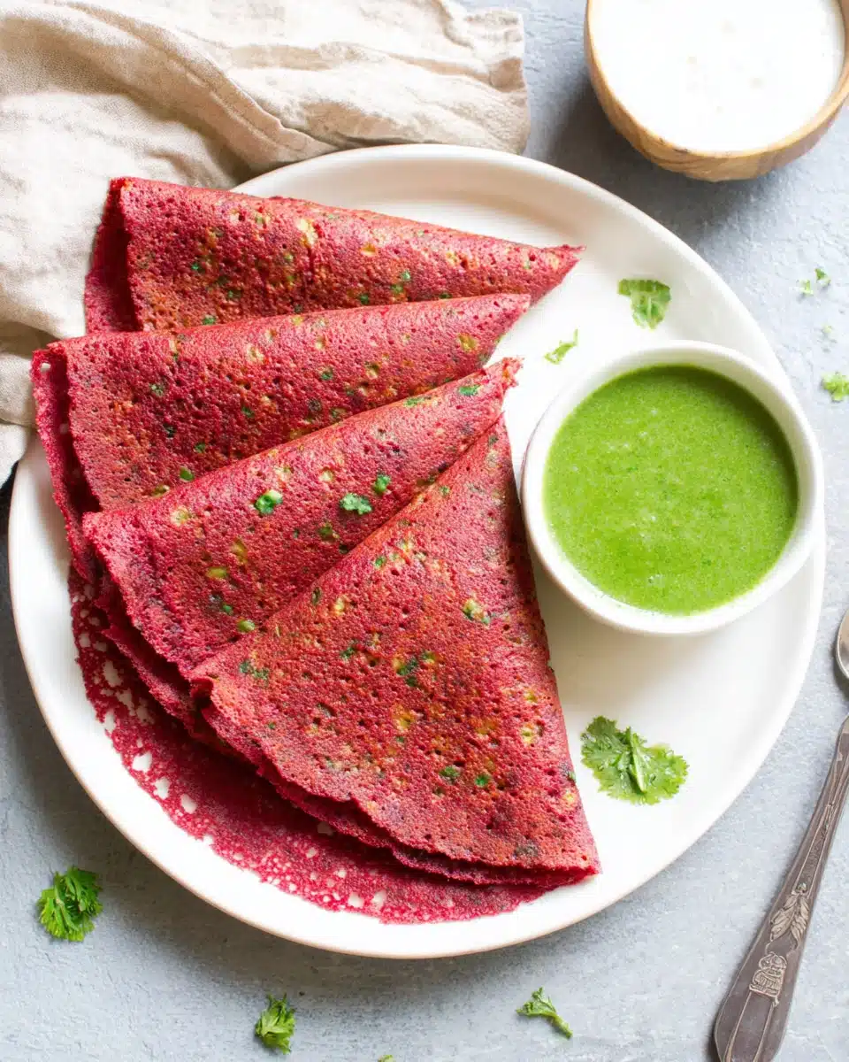 Healthy beetroot oats chilla with chutneys.