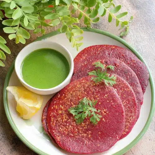 Crispy beetroot oats chilla served with green chutney.