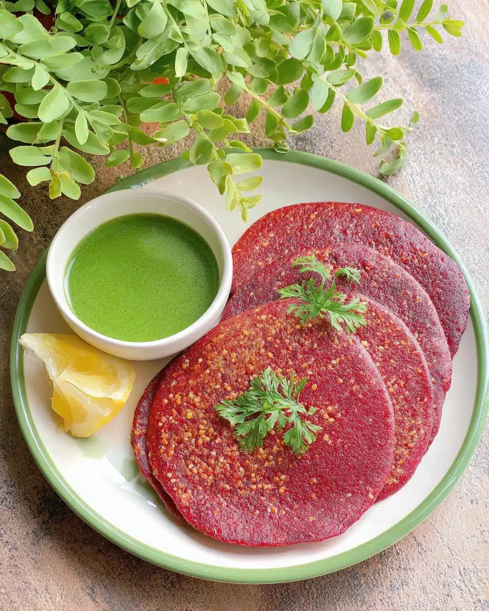 Crispy beetroot oats chilla served with green chutney.